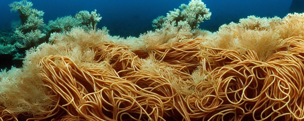 Image similar to spaghetti growing underwater in a corral reef, sigma 1 0 0 mm, in the style jacques cousteau, kodachrome