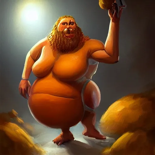 Image similar to “ a very strong and fat semi - human female with long arms and short legs, round head, big orange beard, medieval, preparing some food in a cave, fantasy digital art by tony sart, featured on artstation ”