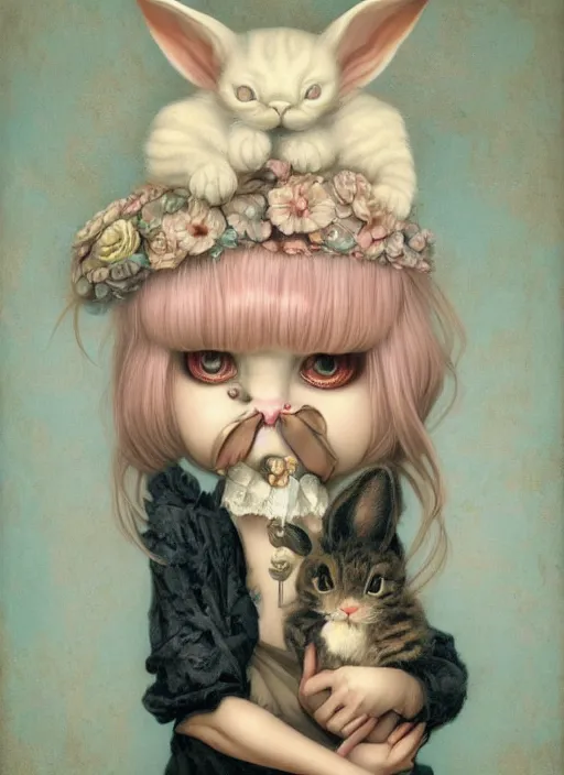 Image similar to pop surrealism, lowbrow art, realistic cute cat girl painting, holding a bunny, hyper realism, muted colours, rococo, natalie shau, loreta lux, tom bagshaw, mark ryden, trevor brown style,