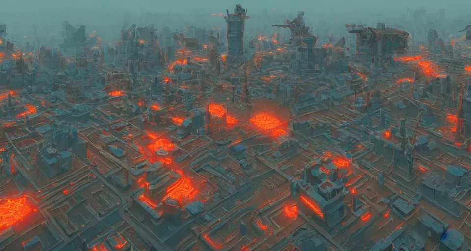 Prompt: a city made out of magma, rendered by simon stalenhag, beeple, makoto shinkai, syd meade, environment concept, digital art, unreal engine, wlop, trending on artstation, low level, 4 k uhd image, octane render,