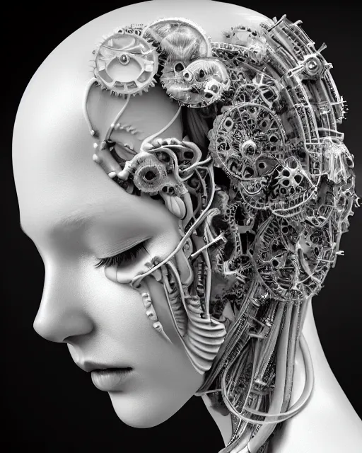 Prompt: mythical dreamy black and white organic translucent bio-mechanical spinal ribbed profile face portrait detail of mechanical beautiful female angelic-vegetal-cyborg, highly detailed, intricate steampunk ornate, poetic, 3D render, digital art, octane render, 8K artistic photography, photo-realistic, by Dora Maar