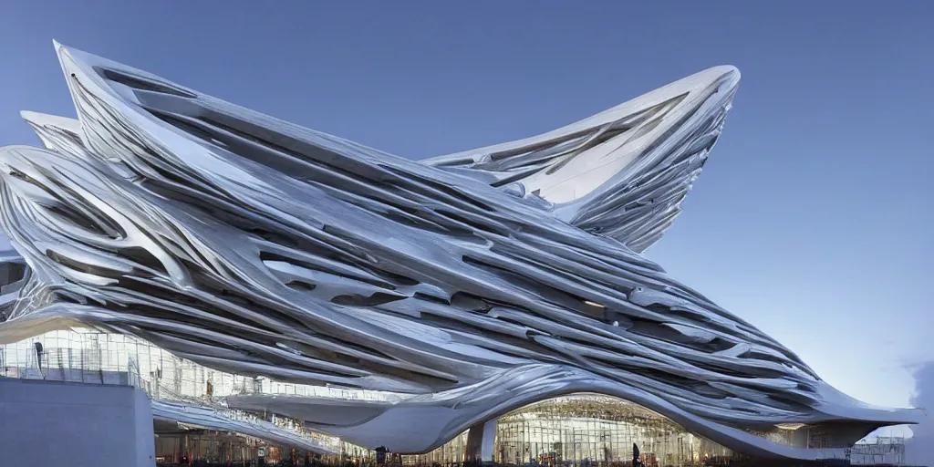 Prompt: extremely detailed ornate stunning beautiful elegant futuristic museum exterior by Zaha Hadid