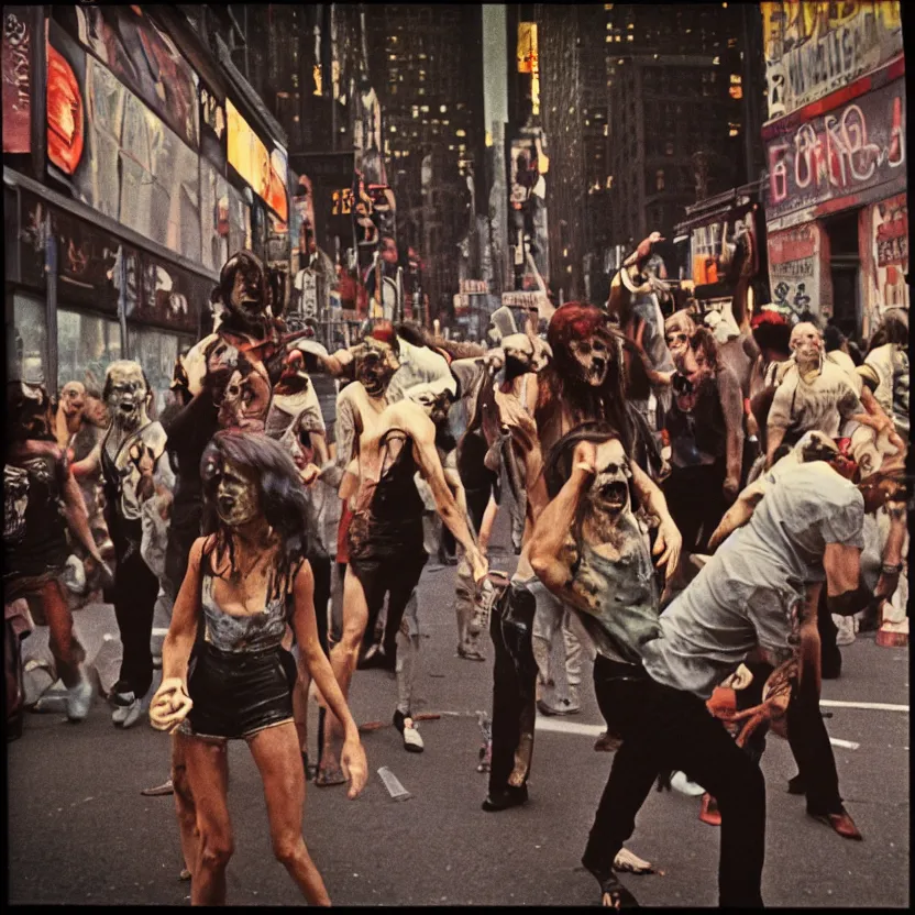 Prompt: radioactive zombies staggering in new york city street, 1970s, 35mm film look, Kodak Portra 400, 8k, vintage color polaroid