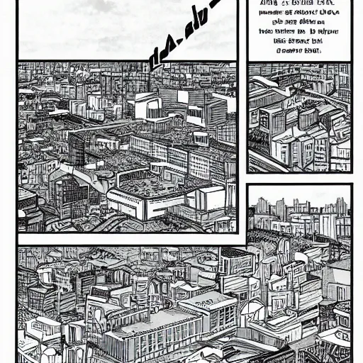 Image similar to a manga page showing a city from above,