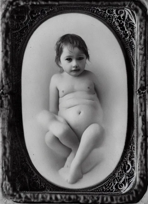 Image similar to old wetplate daguerreotype portrait of baby on mothers womb, explosion of data fragments, fractal, intricate, elegant, highly detailed, parallax, leica, medium format, subsurface scattering, by marie harnett