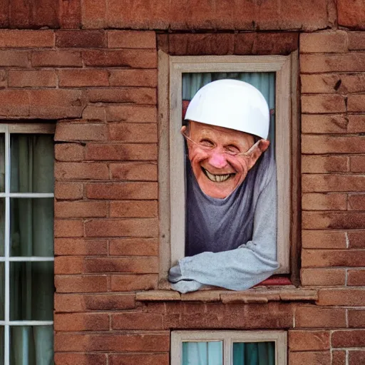 Prompt: a smiling old man climbing through a window