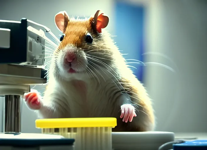 Image similar to film still of a hamster working in a research lab finding the cure for cancer, 8 k