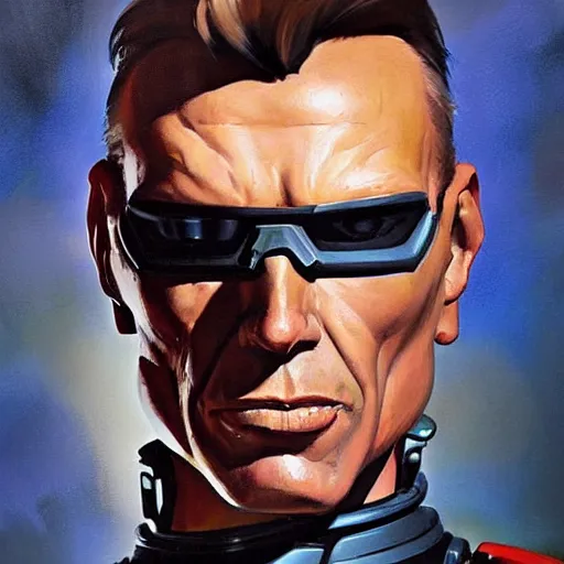 Prompt: greg manchess portrait painting of peter weller combined with the robocop as overwatch character, 8 0 ies aesthetic, medium shot, asymmetrical, profile picture, organic painting, sunny day, matte painting, bold shapes, hard edges, street art, trending on artstation, by huang guangjian and gil elvgren and sachin teng