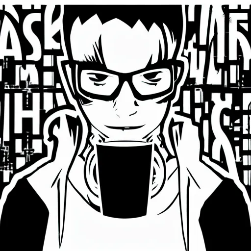 Image similar to edgy hacker man drinking energy drink, cyberpunk, futuristic, sumai-e artstyle, monochrome