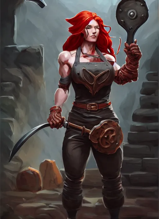 Image similar to a highly detailed illustration of fierce red haired blacksmith woman wearing blacksmith apron, muscular, dramatic pose, intricate, elegant, highly detailed, centered, digital painting, artstation, concept art, smooth, sharp focus, league of legends concept art, wlop.