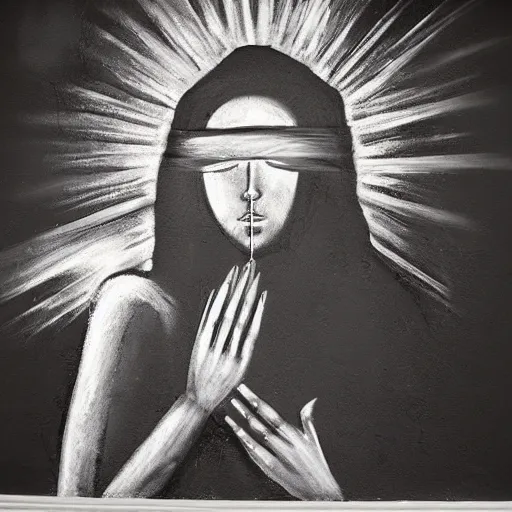 Prompt: monochromatic black graffiti spray-paint mural of blindfolded Jesus wearing a white linen blindfold, arms outstretched, rays of light emanate from his fingers, painted on a concrete wall by Minerva Teichert in the style of Orthodox iconography, Portra 400