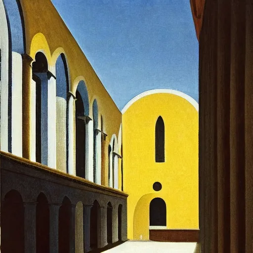 Image similar to in the distance, a little girl with short black hair and wearing a yellow coat alone in the inner courtyard of an abbey, the light is bright and wintry, painting by hopper and de chirico