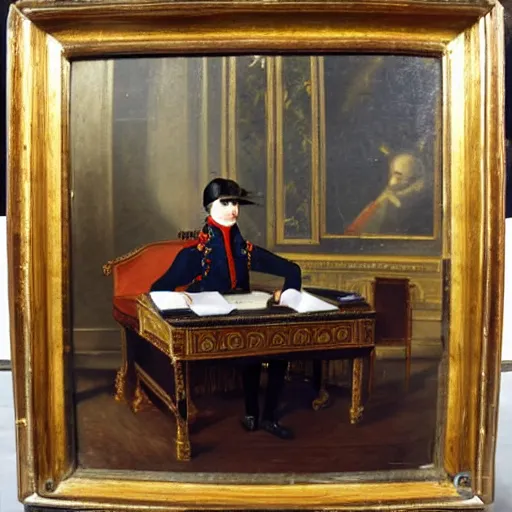 Image similar to 1 8 0 0 s oil painting of napoleon sitting in a contemporary office desk, 8 k, very intricate, very detailed,