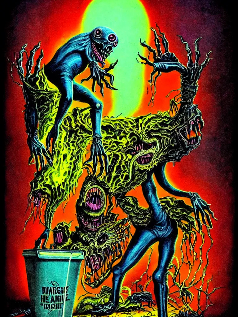 Prompt: Vibrant Colorful Vintage Horror Illustration of a Nightmare Monster Emerging from a Garbage Can. Glowing , Spooky lighting , Pinterest