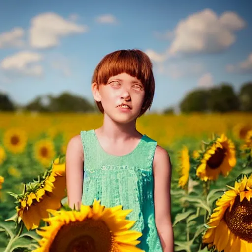 Image similar to portrait of a girl with pixie cut hairstyle in a field of sunflowers, sunny day, HD
