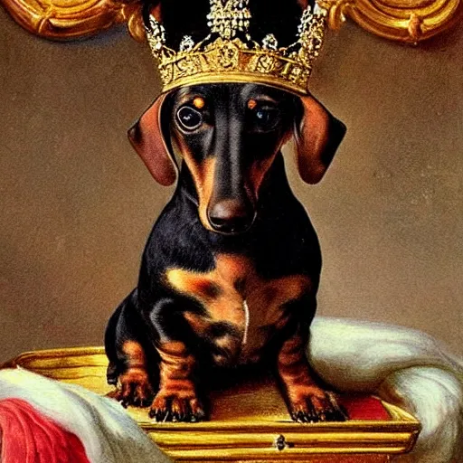 Prompt: Victorian painting of a Dachshund sitting on a golden throne wearing a jewelled crown being fed cooked chicken by an android