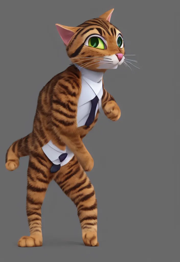 Image similar to 3d render , anthropomorphic male tabby cat,wearing a pink tux ,style of Zootopia, 8K HD Resolution, High quality image