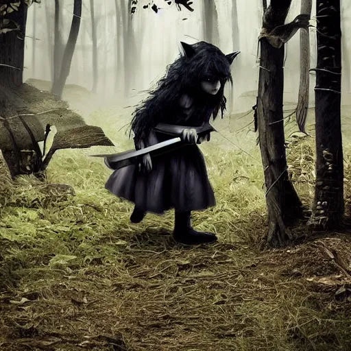 Prompt: Little girl with katana meets werewolf in the woods, spooky, creepy, scary, dark, misty