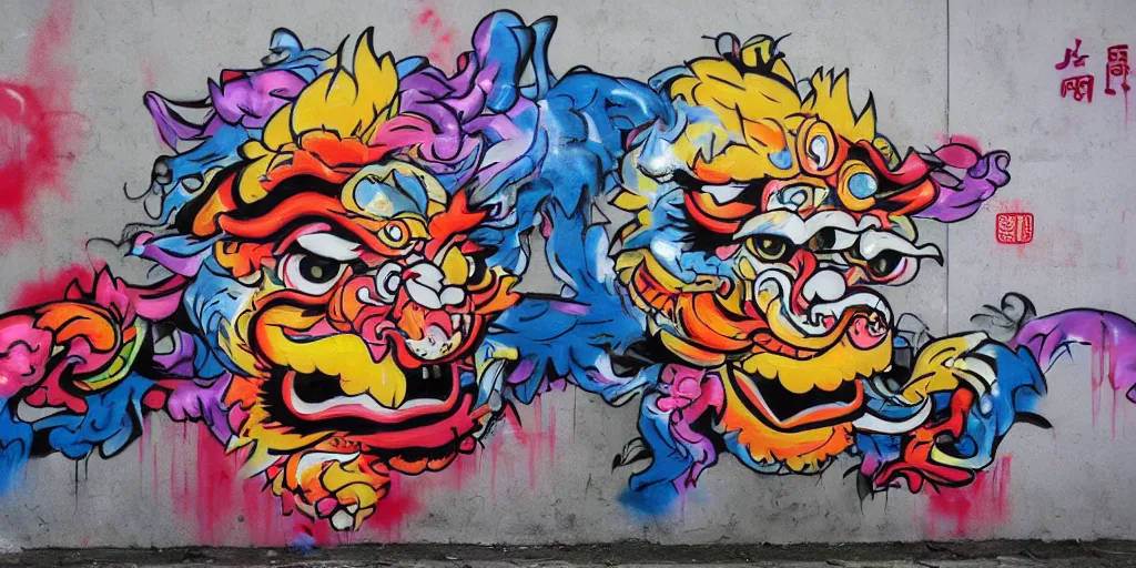 Image similar to lion dance, china, graffiti style, spraypainted on a wall