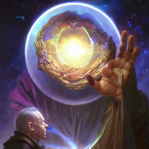 Image similar to the creator of worlds wearing a cloak and holding a holographic planet projection in his hand, detailed, sci - fi, digital painting, artstation, sharp focus, illustration, ominous, artgerm, tomasz alen kopera, peter mohrbacher, donato giancola, joseph christian leyendecker, wlop, frank frazetta