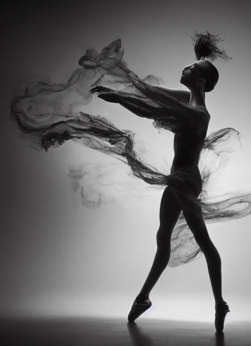 Image similar to a Photorealistic dramatic hyperrealistic render of a glamorous beautiful Female smoke dancer by Ken Brower and Deborah Ory of NYC Dance project,Lois Greenfield,Flowing cloth and smoke,Beautiful dynamic dramatic dark moody lighting,volumetric,shadows,cinematic atmosphere,Octane render,8K