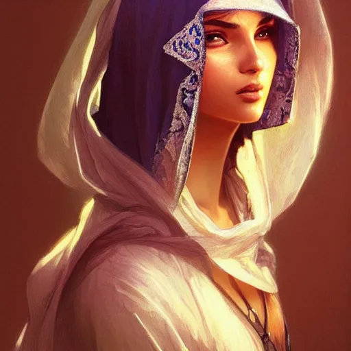 Prompt: Portrait of very very very very very very beautiful Arab woman, Niqab, glowing magical eyes, intricate, elegant, highly detailed, digital painting, artstation, concept art, smooth, sharp focus, illustration, art by artgerm and greg rutkowski and alphonse mucha