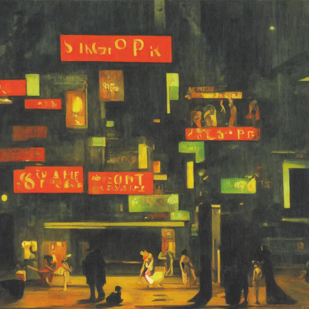 Image similar to singapore night scene, painted by edward hopper