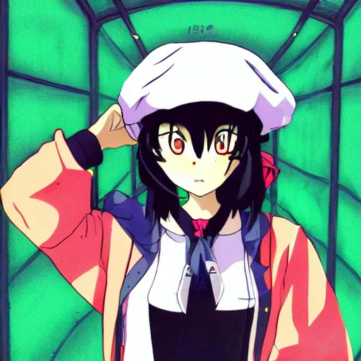 Image similar to anime girl with very large beret, beret over eye, cel - shading, 2 0 0 1 anime, flcl, jet set radio future, golden hour, underground facility, underground tunnel, pipes, rollerbladers, rollerskaters, cel - shaded, strong shadows, vivid hues, y 2 k aesthetic