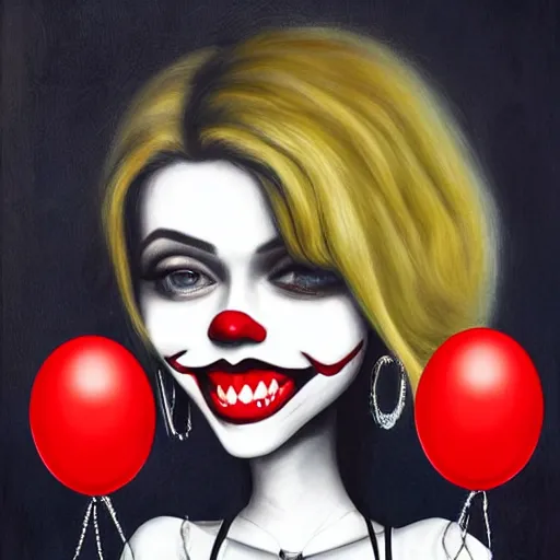 Image similar to grunge cartoon painting of kylie jenner with a wide smile and a red balloon by chris leib, loony toons style, pennywise style, corpse bride style, horror theme, detailed, elegant, intricate