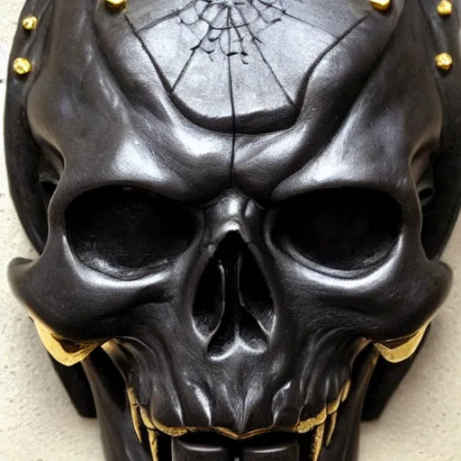 Image similar to perfect statue of evil skull mask made from black marble with gold, by johannes voss and michelangelo and donatello