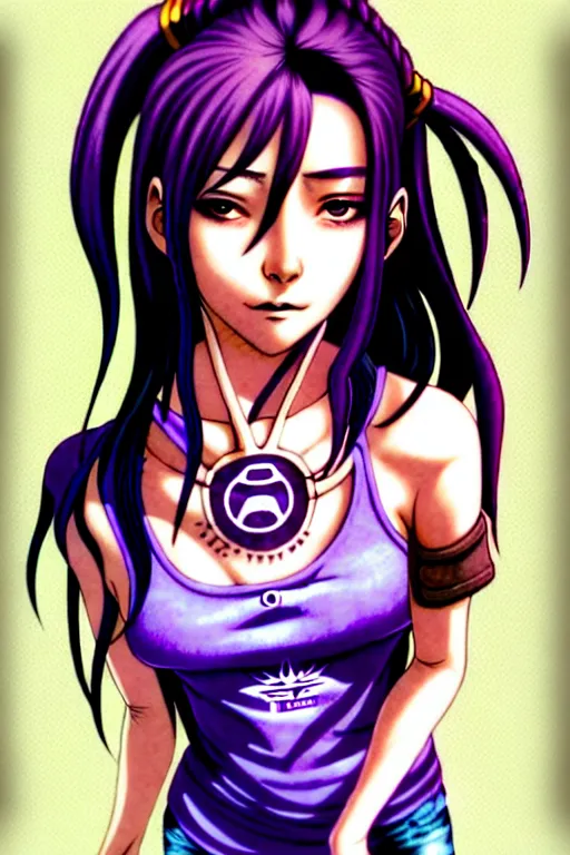 Image similar to a portrait of dilraba dilmurat as revy from black lagoon, smirk, black tank top, jean shorts, brown eyes, purple hair, tribal tattoo sleeve right arm, symmetrical eyes, symmetrical face, art by lois van baarle and loish and ross tran and rossdraws and sam yang and samdoesarts and artgerm