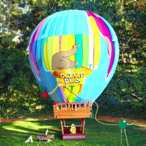 Prompt: a giant platypus hot air balloon, cartoon style, dr seuss