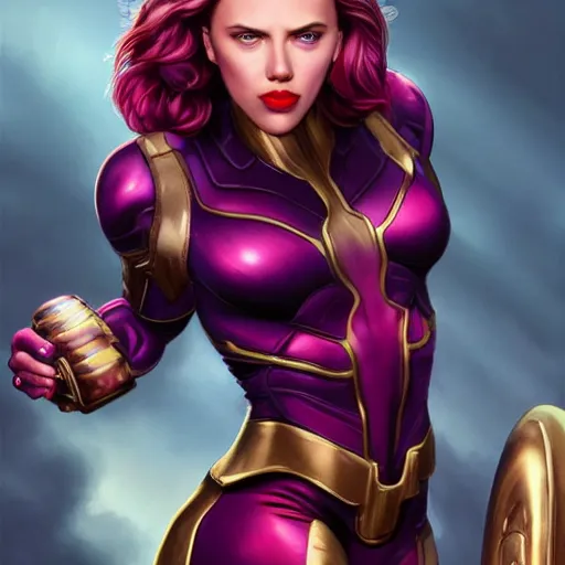 Image similar to scarlett johansson as thanos, feminine beautiful muscular fitness model wearing armor, red lips, strong jaw, pin up, attractive, highly detailed full body portrait, pretty face, elegant, breathtaking art, concept art, by artgerm and ilya kuvshinov