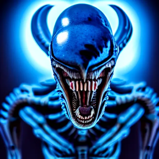 Image similar to a xenomorph looking menacingly at the camera, dramatic blue lighting