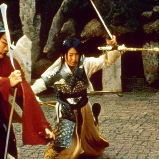 Prompt: xianxia fantasy, french swordsman fighting chinese swordsman, xuanhuan martial artist fighting european knight, chinese swordsman fighting medieval european swordsman, fantasy, wuxia, pseudo - medieval fantasy, cinematic, 1 9 8 6 movie screenshot