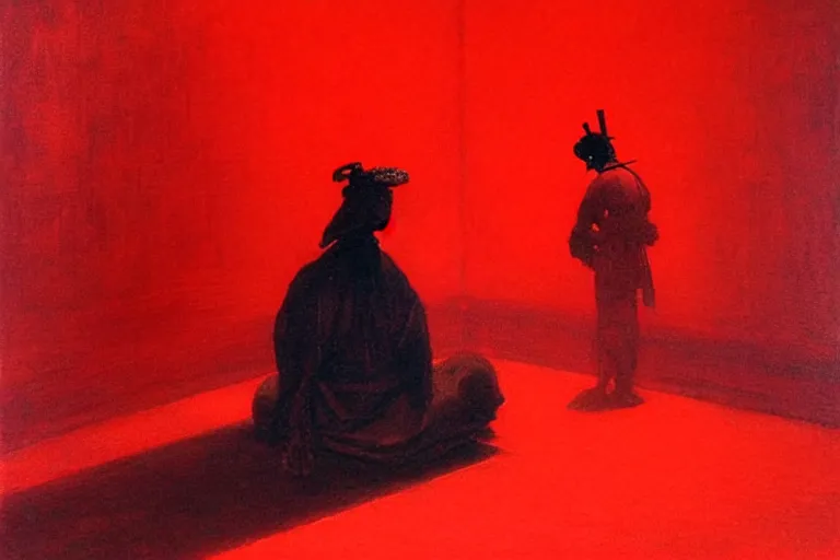 Image similar to only with red, a red samurai harakiri, tokio, a lot of frogs watch, in the style of beksinski, parts by edward hopper, parts by rodcenko, parts by yue minjun, intricate and epic composition, red by caravaggio, insanely quality, highly detailed, masterpiece, red light, artstation, 4 k