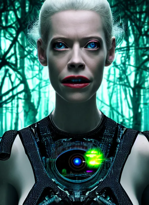 Image similar to 35mm portrait of a 7 of 9 borg with eye implant, on the background of a weird magical mechanical forest. Round gears visible inside her hear. Very detailed 8k. Fantasy cyberpunk horror. Sharp. Cinematic post-processing