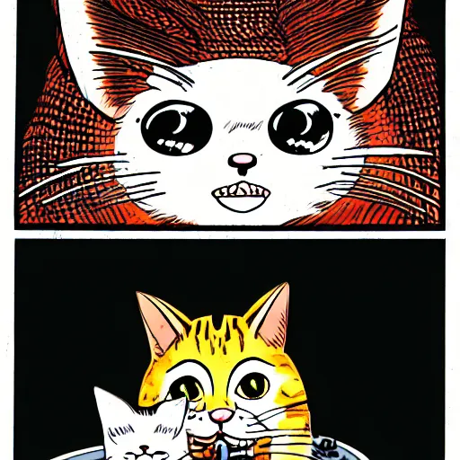 Prompt: happy cat eating a dog, manga, junji ito