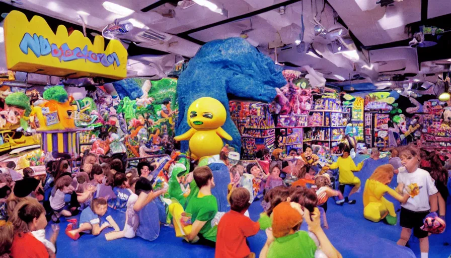 Image similar to 1990s photo of inside the Nickelodeon Blockbuster Gameboy Slime Show ride at Universal Studios in Orlando, Florida, children riding a VHS tape through a Blockbuster Kaybee toy store filled with beanie babies and a big Furby, cinematic, UHD