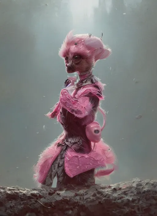 Image similar to A fancy portrait of a small creature in pink by Greg Rutkowski, Sung Choi, Mitchell Mohrhauser, Maciej Kuciara, Johnson Ting, Maxim Verehin, Peter Konig, Bloodborne, 8k photorealistic, cinematic lighting, HD, high details, dramatic, atmospheric , trending on artstation