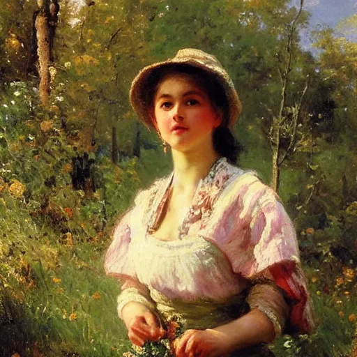 Image similar to a portrait of a young woman in a scenic environment by nikolay makovsky