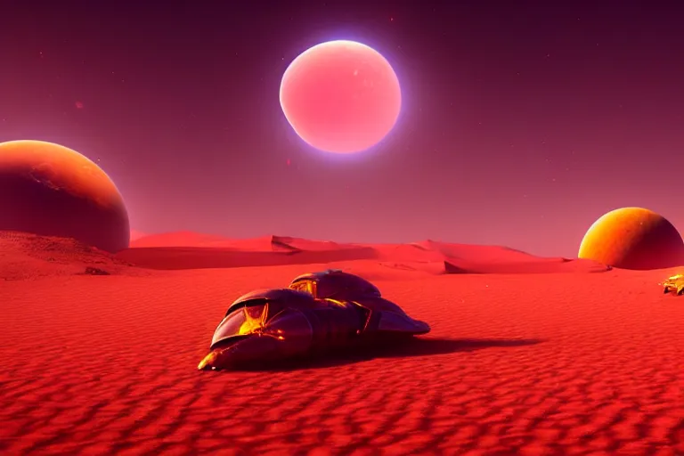 Image similar to a desert world planet with a crashed spaceship. 3 moons in the sky. hyper-realistic photo artistic trending on artstation beautiful scenic octane render reddish hue highly detailed, 8k, epic composition