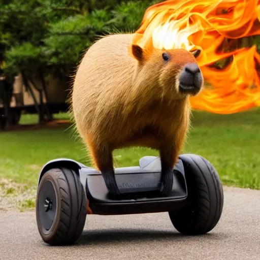 Prompt: photo of a capybara riding a segway, with flames coming out of the back