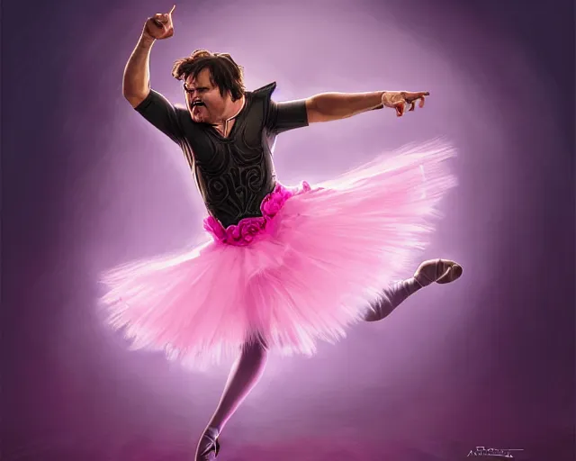 Image similar to photography of jack black dancing in a pink ballerina outfit, full body shot, deep focus, d & d and mtg, fantasy, intricate, elegant, highly detailed, digital painting, artstation, concept art, matte, sharp focus, illustration, hearthstone, art by artgerm and greg rutkowski and alphonse mucha