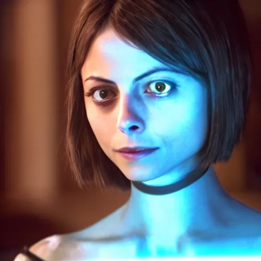 Image similar to film still of !!Willa Holland!! as !!!!!pale blue-skinned!!!!! !!!!!Cortana!!!!!, as in Halo 4, in a new Halo movie, 4k