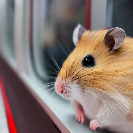 Prompt: photo of a hamster inside a metro train, looking out of the window, various poses, unedited, soft light, sharp focus, 8 k