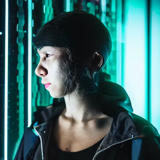 Image similar to photograph of a techwear mixed young woman inside a hidden club, closeup, brutalist design, cyberpunk, sigma 85mm f/1.4, 4k, depth of field, high resolution, 4k, 8k, hd, full color