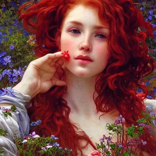 Prompt: a beautiful red haired woman in a garden, beautiful highly detailed face, stunning painting by irakli nadar and alphonse mucha