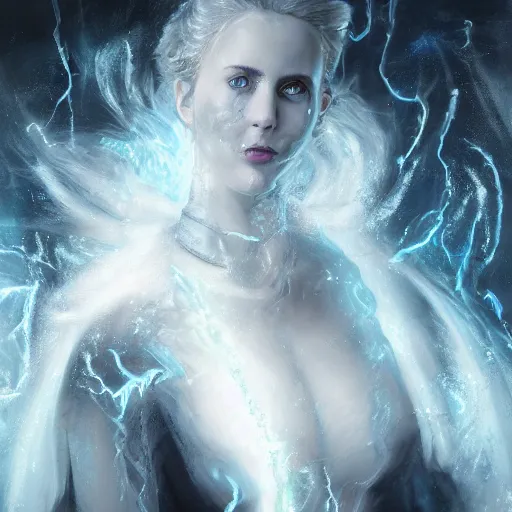 Prompt: masterpiece portrait of an aesthetic realistic mage woman, casting ice spell, 3 0 years old woman, black hair, wearing thin silver diadem with blue gems inlays, oil painting by joachim bergauer and magali villeneuve and wlop, atmospheric effects, chaotic fractal fog and sparks dynamics in the background, intricate, artstation, instagram, fantasy