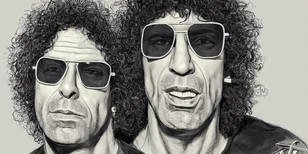 Prompt: Joe Rogan with Howard Stern hair and sun glasses talking into a microphone, single subject portrait, intricate, highly detailed, concept art, smooth, sharp focus